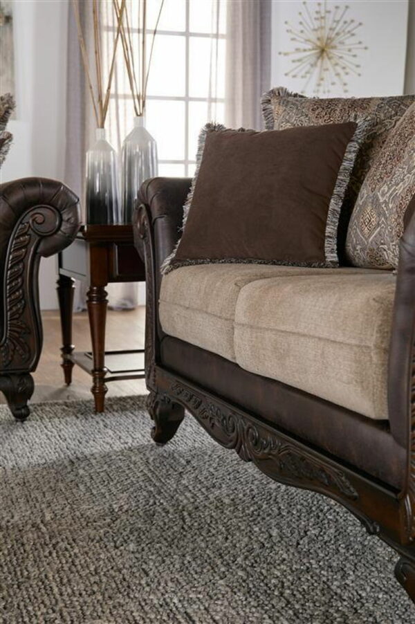 Elmbrook - Upholstered Rolled Arm Loveseat With Intricate Wood Carvings - Brown - Image 2