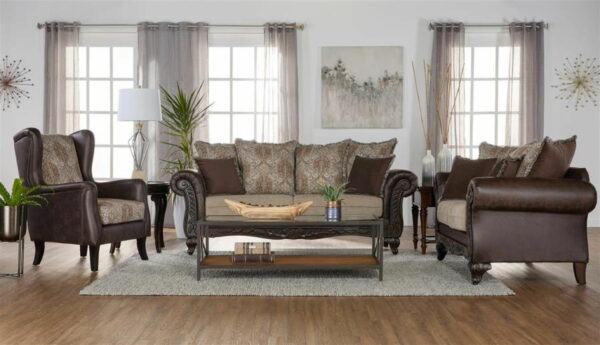 Elmbrook - Upholstered Rolled Arm Loveseat With Intricate Wood Carvings - Brown - Image 3