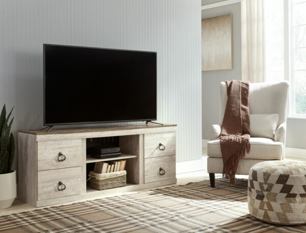 Willowton - Whitewash - 2 Pc. - TV Stand With Faux Firebrick Fireplace Insert - Image 2
