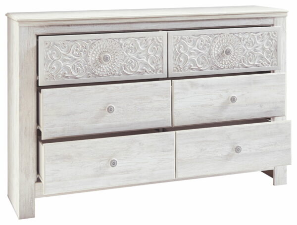 Paxberry - Whitewash - Six Drawer Dresser - Medallion Drawer Pulls - Image 5