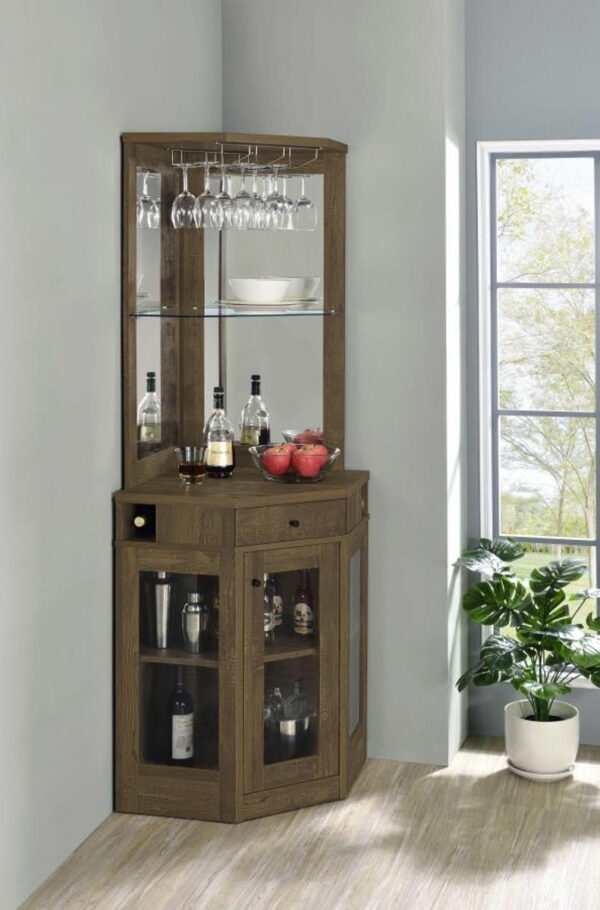 Alviso - Corner Bar Cabinet With Stemware Rack - Rustic Oak - Image 10