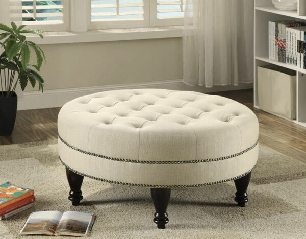 Elchin - Round Upholstered Tufted Ottoman - Oatmeal - Image 2