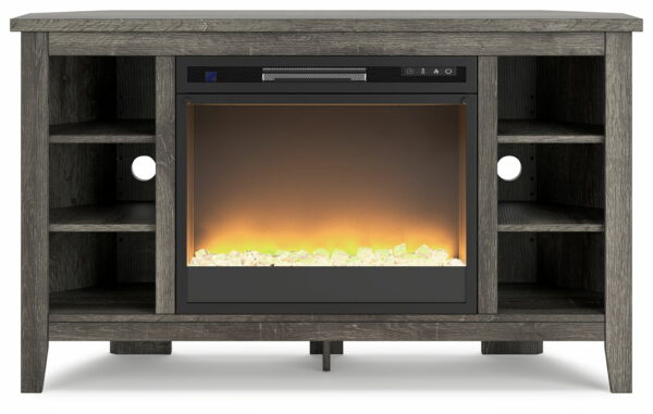 Arlenbry - Gray - Corner TV Stand With Glass/Stone Fireplace Insert - Image 3