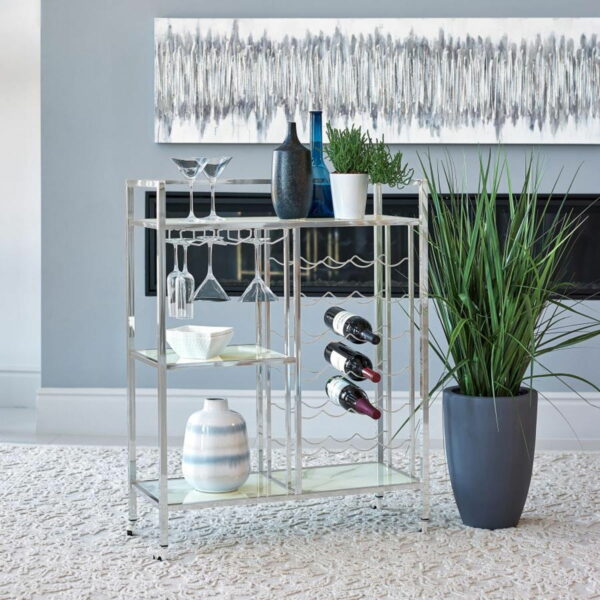 Derion - 3-Tier Rectangular Glass Shelf Metal Bar Cart - Chrome - Image 2