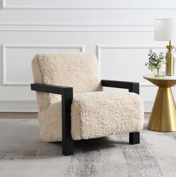 Fitzroy - Faux Fur Upholstered Chair Solid Wood Arms - Latte - Image 10
