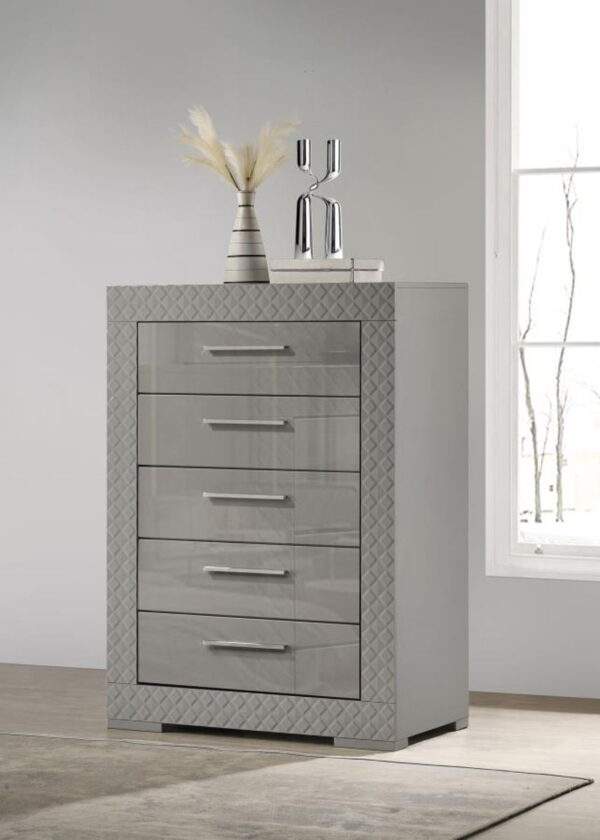 Ives - 5-Drawer Bedroom Chest Of Drawers - Gray High Gloss - Image 2