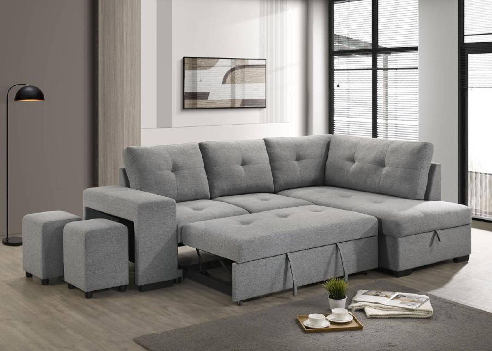 Roanne - Fabric Upholstered Sleeper Sectional Sofa - Gray - Image 10