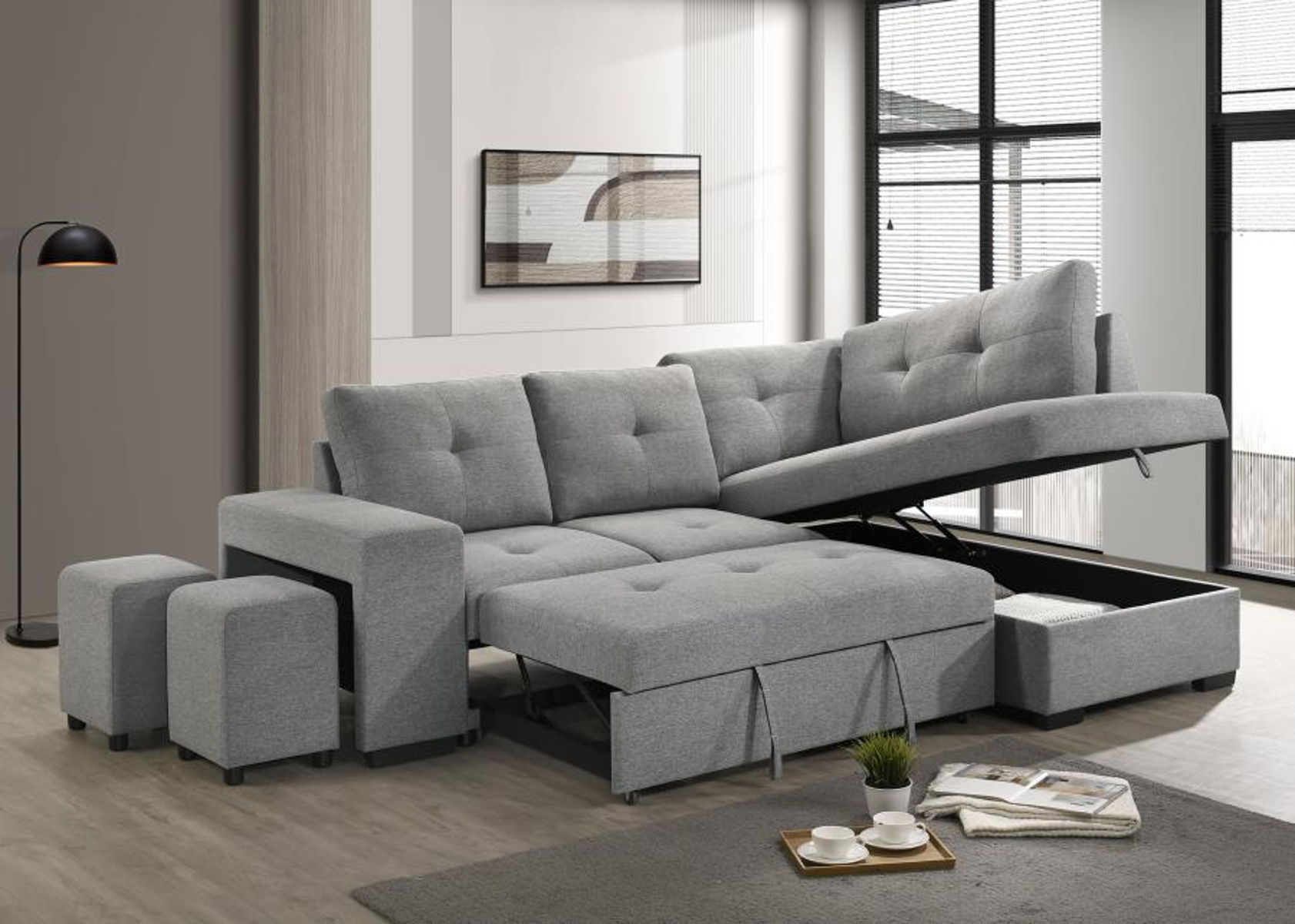Roanne - Fabric Upholstered Sleeper Sectional Sofa - Gray - Image 2