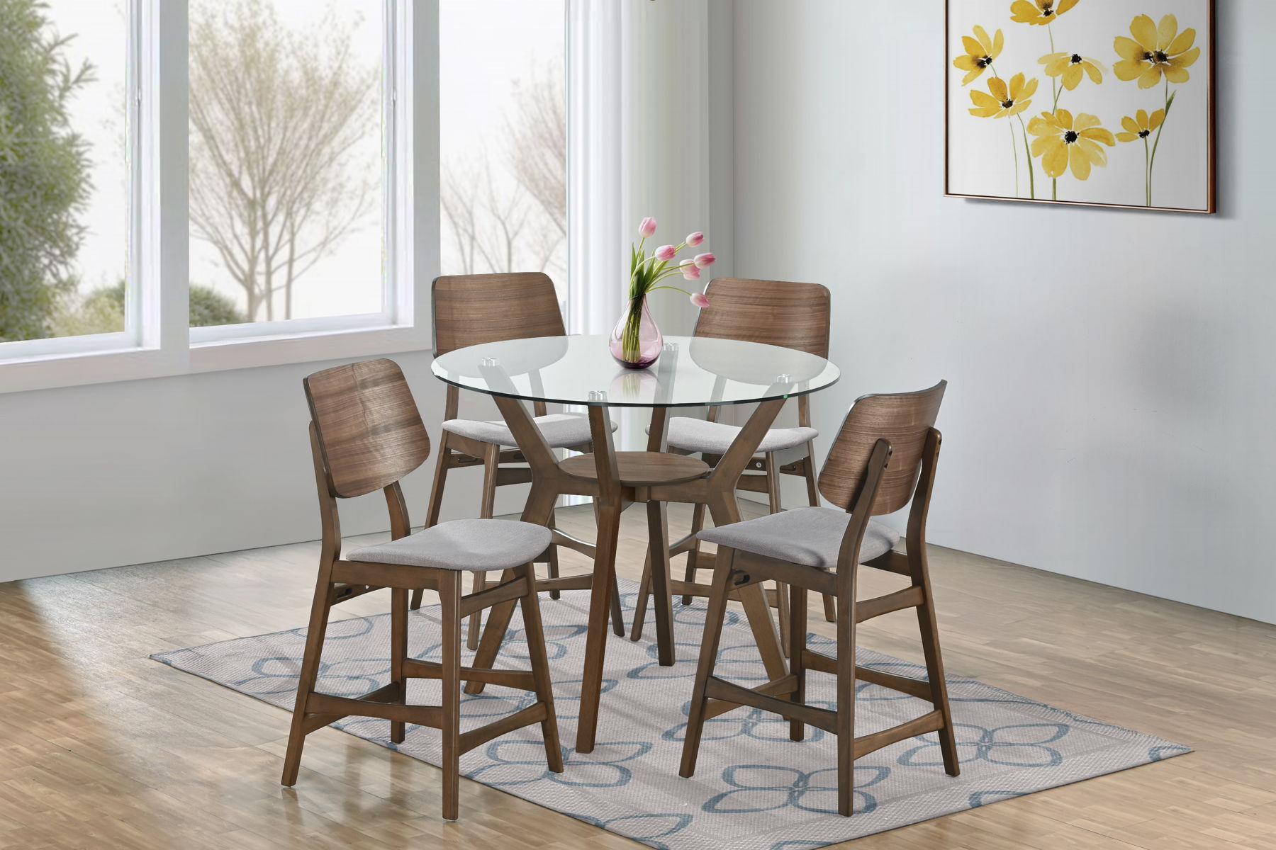 Oscar - Round Glass Counter Table With 4 Gray Cushion Chairs - Brown / Gray