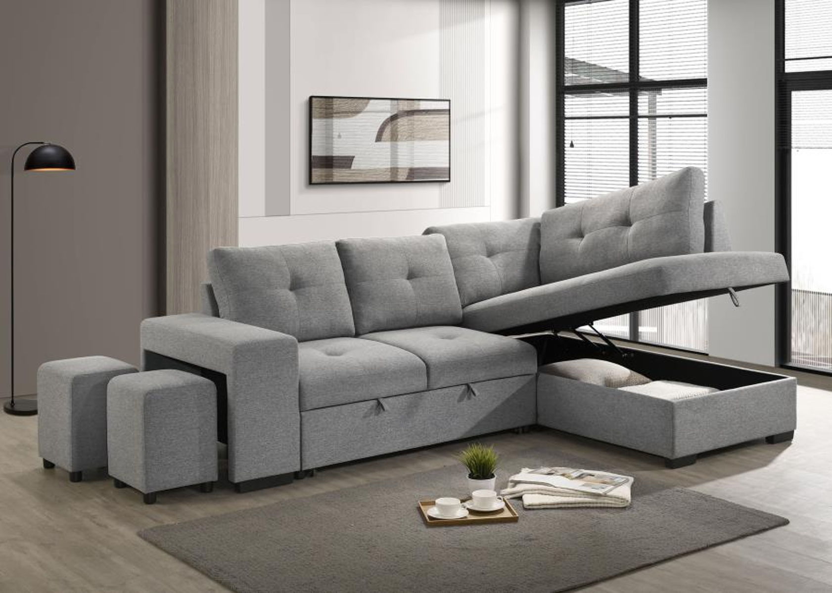 Roanne - Fabric Upholstered Sleeper Sectional Sofa - Gray - Image 16